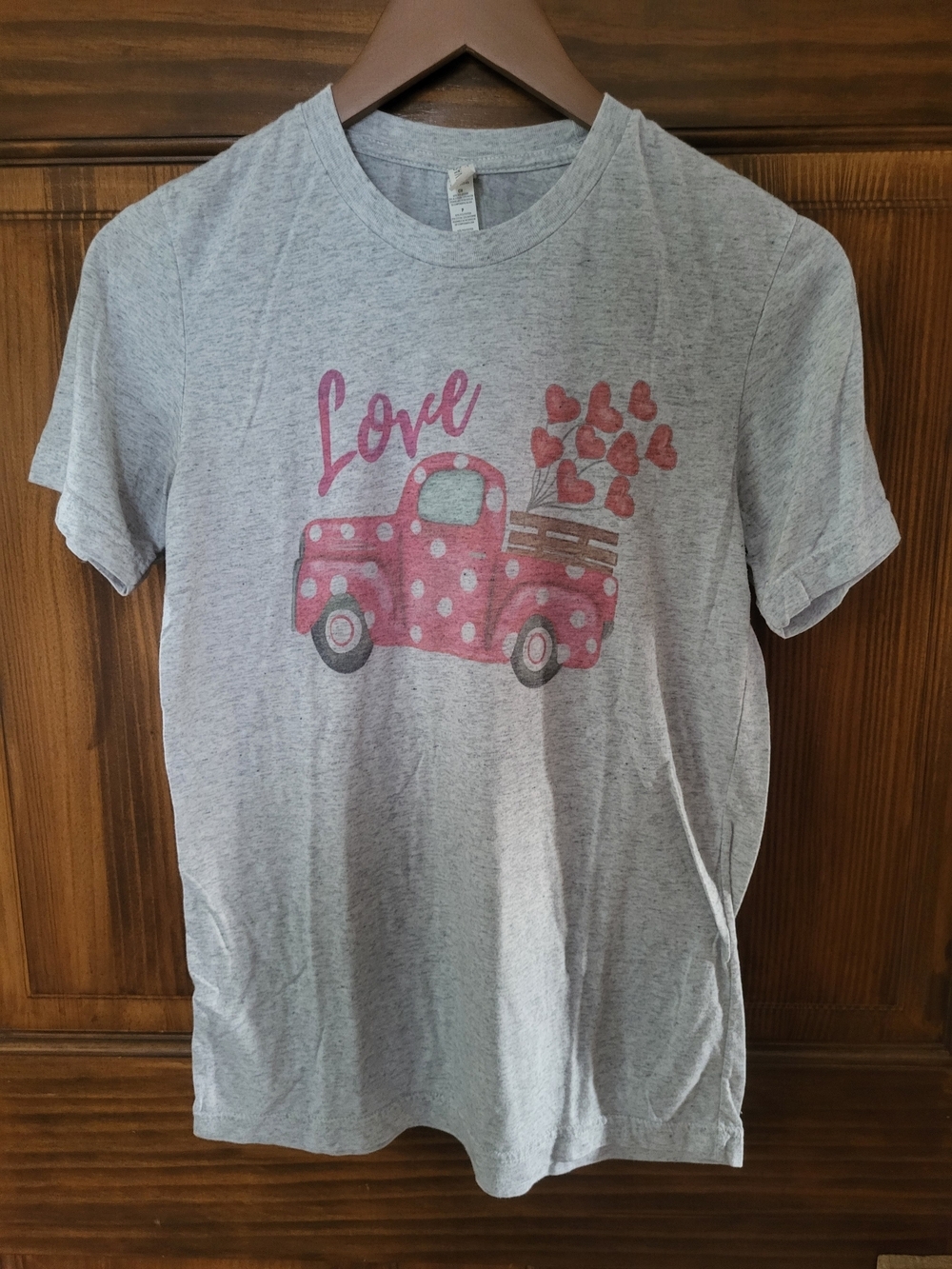 Bella Canvas Gray Tee with Pink Polka-Dot Truck and Hearts
